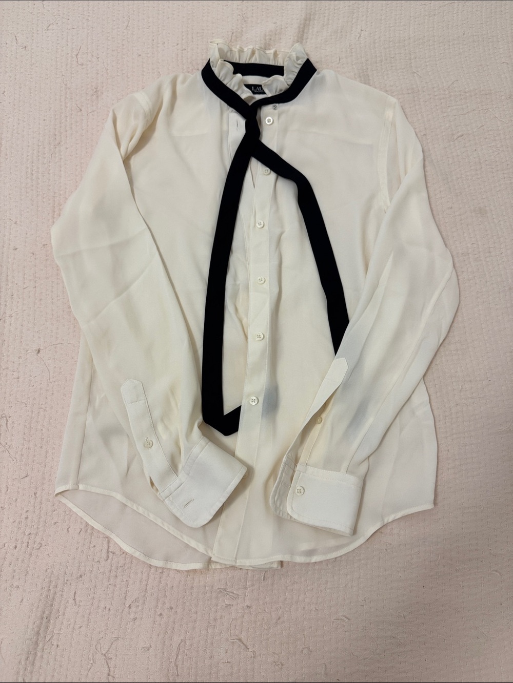 Lauren Ralph Lauren Cream Button-Down Blouse with Black Tie